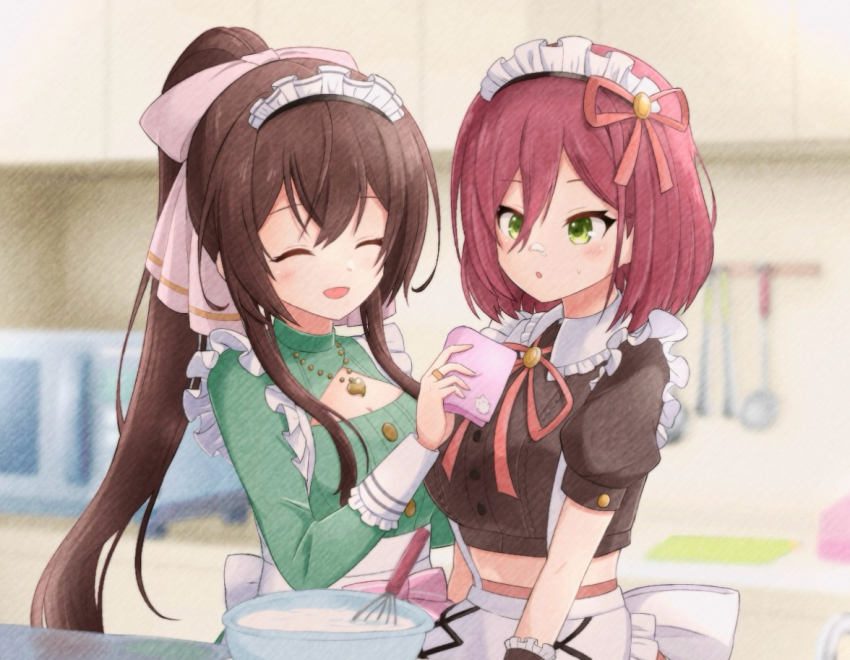 2girls, :o, ^_^, apron, assault_lily, back_bow, black_footwear, blurry