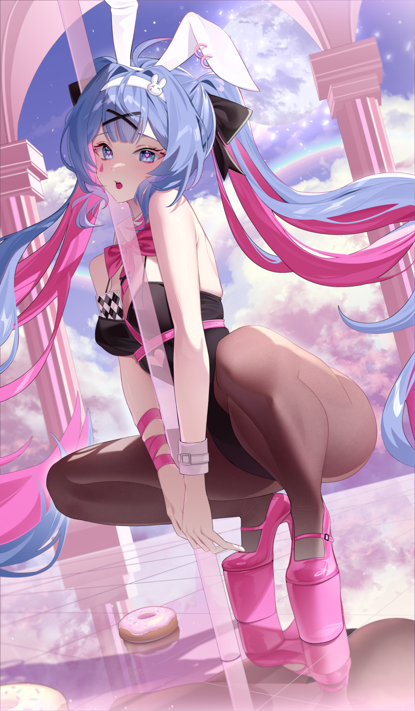 1girl, absurdres, animal_ear_piercing, animal_ears, aqua74286, arm_ribbon, bare_shoulders, black_leotard
