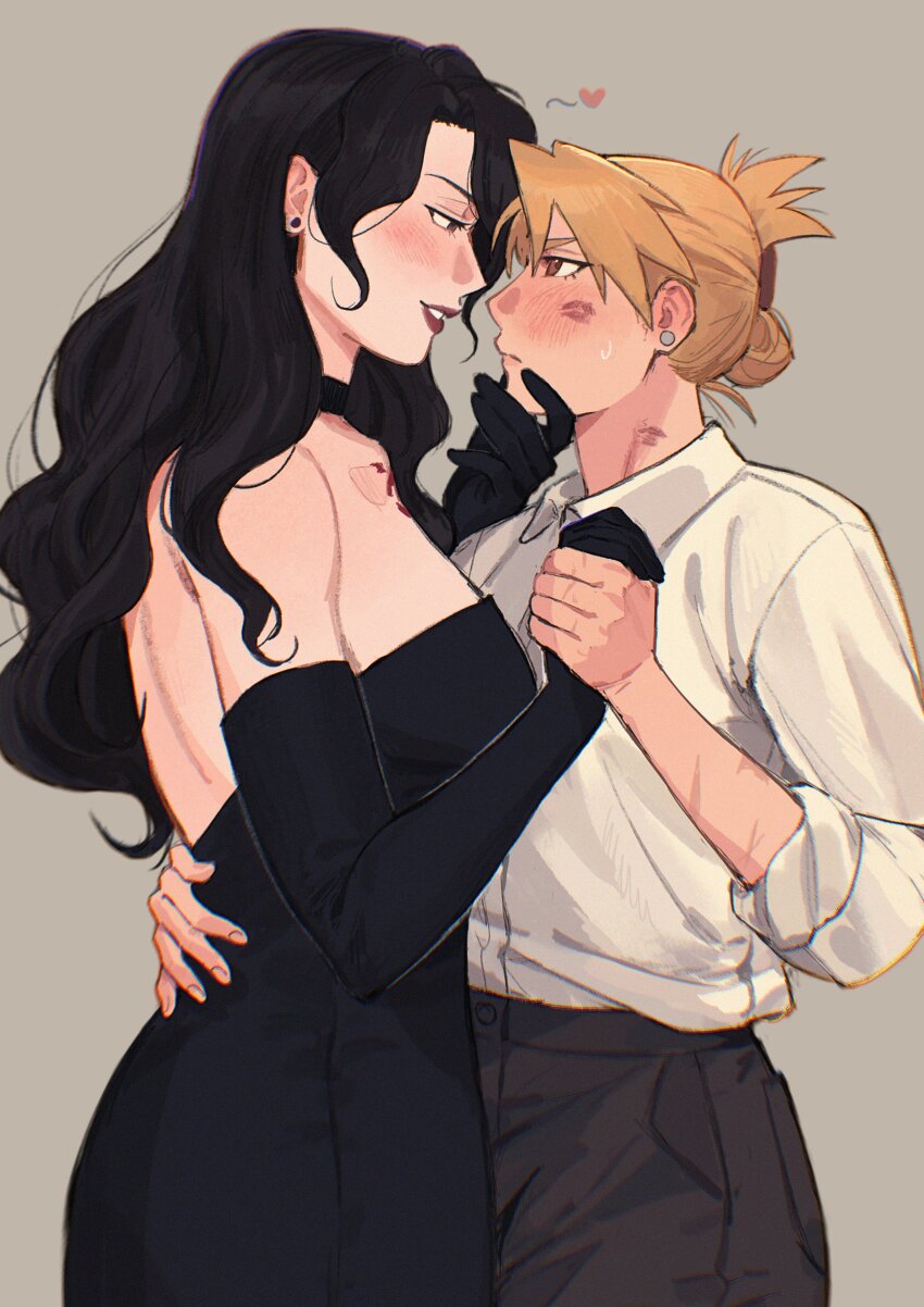 2girls, absurdres, arm_around_another's_waist, backless_dress, backless_outfit, bare_shoulders, black_choker, black_dress