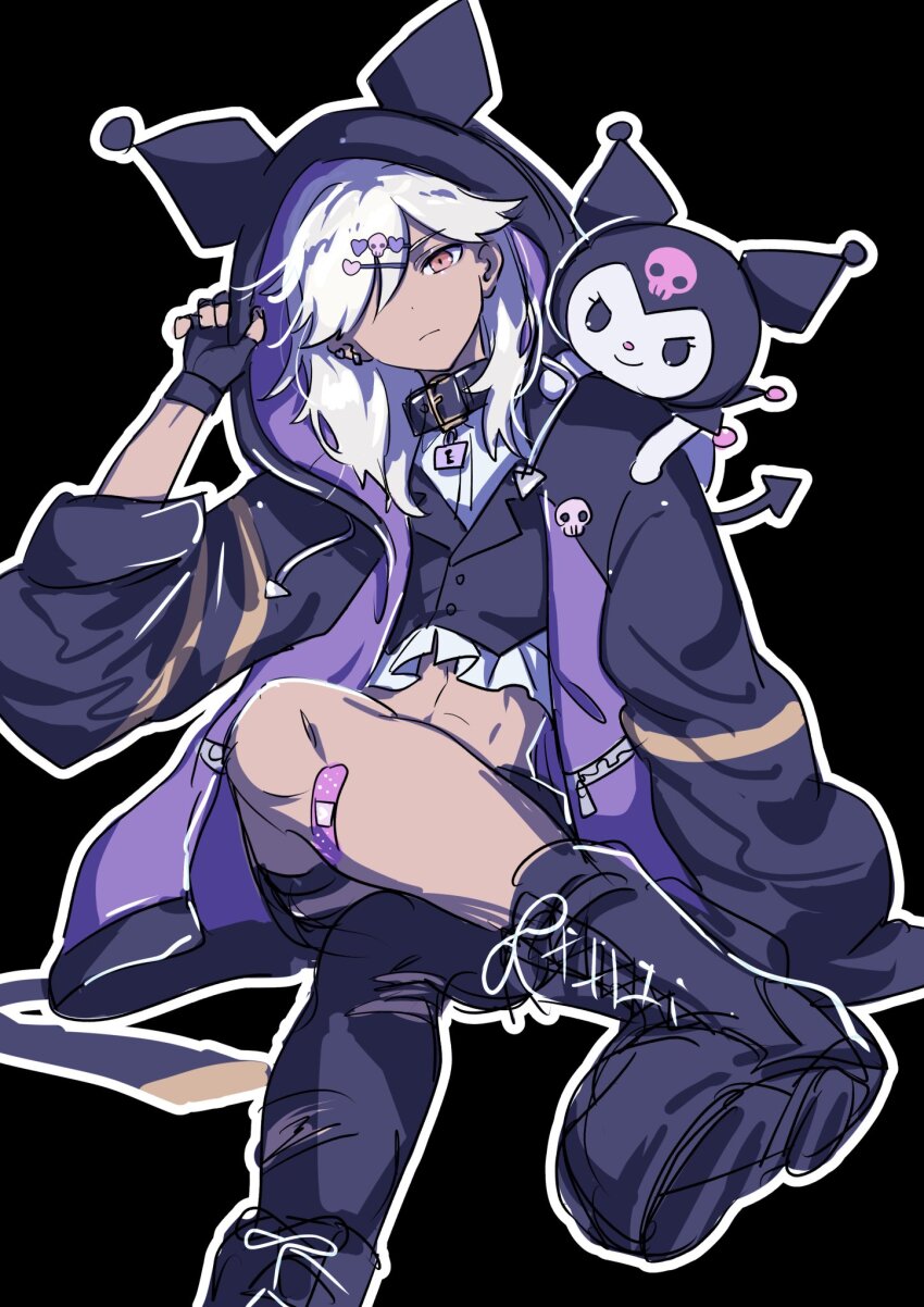 1boy, animal_hood, bandaid, bandaid_on_leg, bishounen, black_background, black_gloves, chibikemo