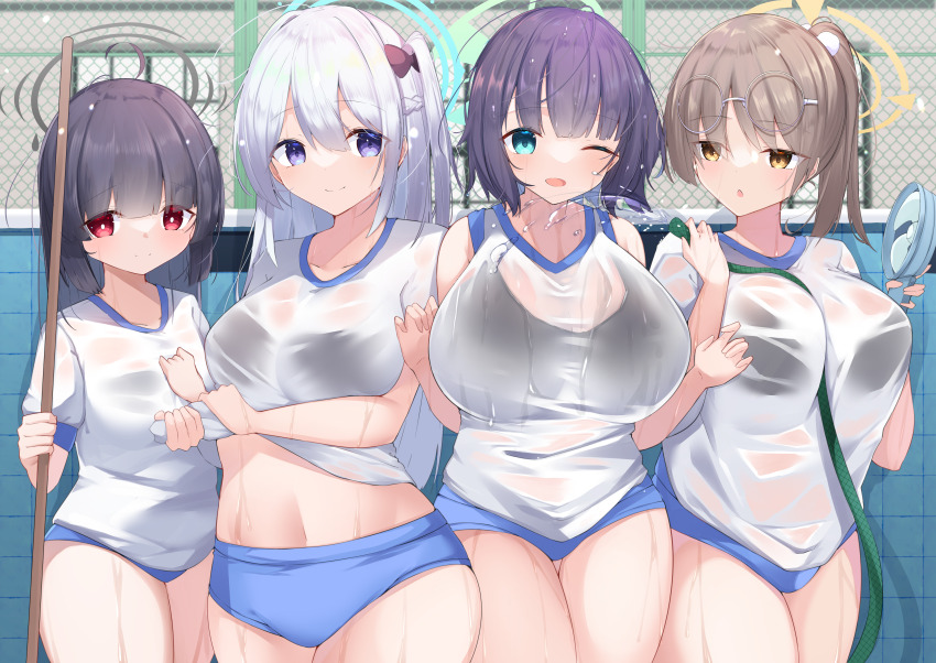 4girls, :o, absurdres, aqua_eyes, between_breasts, black_bra, black_hair, blue_archive