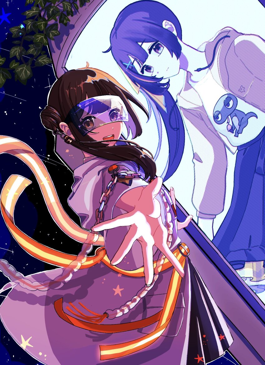 :d, :|, animal_print, black_skirt, blunt_bangs, branch, brown_eyes, brown_jacket