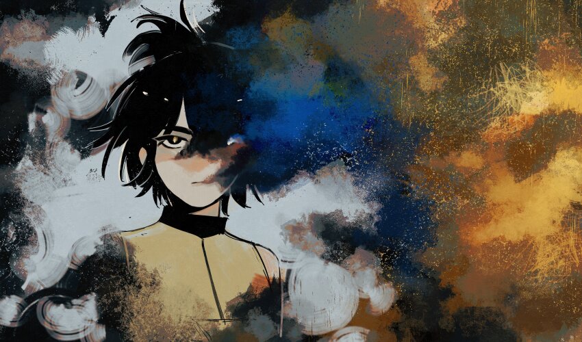 1girl, absurdres, bare_shoulders, black_eyes, black_hair, burning, choujin_x, facing_viewer