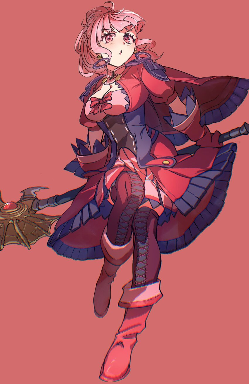 1girl, axe, blunt_bangs, breasts, by8k4, fire_emblem, fire_emblem:_three_houses, fire_emblem_warriors:_three_hopes, freikugel_(fire_emblem), highres, hilda_valentine_goneril, holding, holding_axe, large_breasts, long_hair, nintendo, official_alternate_costume, official_alternate_hairstyle, open_mouth, pink_background, pink_eyes, pink_hair, solo