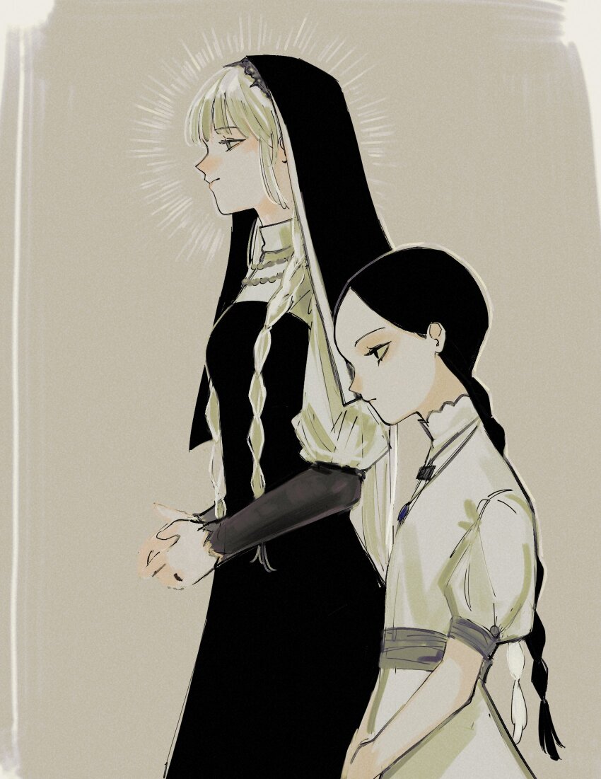 2girls, age_difference, black_hair, blonde_hair, braid, choujin_x, dress, height_difference, highres, light_frown, light_smile, mado_tsukiko, multicolored_hair, multiple_girls, nun, oa_lien, praying, shiruha_sora_(choujin_x), traditional_nun, twin_braids, white_dress, white_hair