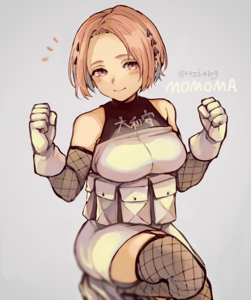 1girl, bare_shoulders, blush, breasts, choujin_x, fishnet_gloves, fishnet_pantyhose, fishnets, gloves, hair_ornament, highres, hzi4h9, large_breasts, looking_at_viewer, military_uniform, momoma_maiko_(choujin_x), pantyhose, pink_hair, short_hair, thighs, white_gloves