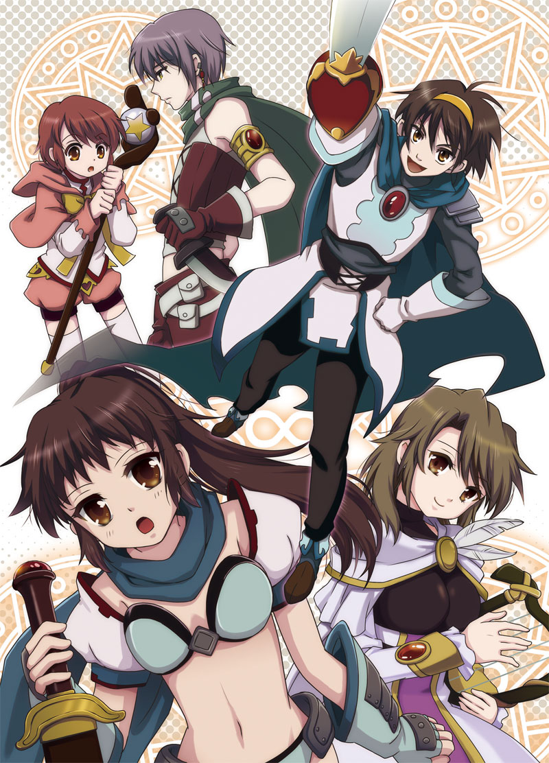 2girls, 3boys, armlet, armor, asahina_mitsuru, brown_hair, cape, gauntlets