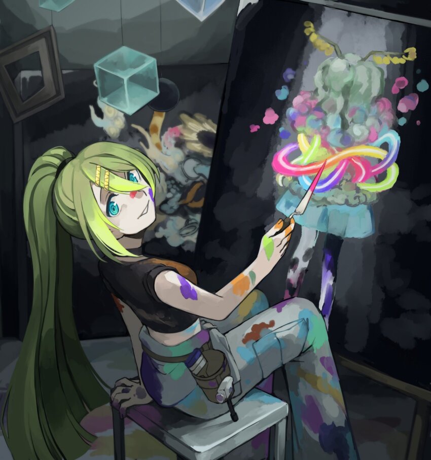 1girl, alina_gray, alina_gray_(atelier_clothes), art_room, belt_pouch, black_shirt, blue_eyes, blunt_ends, canvas_(object), commentary_request, drawing_(action), drawing_(object), easel, feet_out_of_frame, from_side, green_hair, hair_between_eyes, highres, indoors, long_hair, looking_at_viewer, looking_back, magia_record:_mahou_shoujo_madoka_magica_gaiden, mahou_shoujo_madoka_magica, moomoofoo, official_alternate_costume, paint_on_clothes, paint_splatter, paint_splatter_on_face, paintbrush, pants, pouch, shirt, sidelocks, sitting, smile, solo, stool, very_long_hair, white_pants