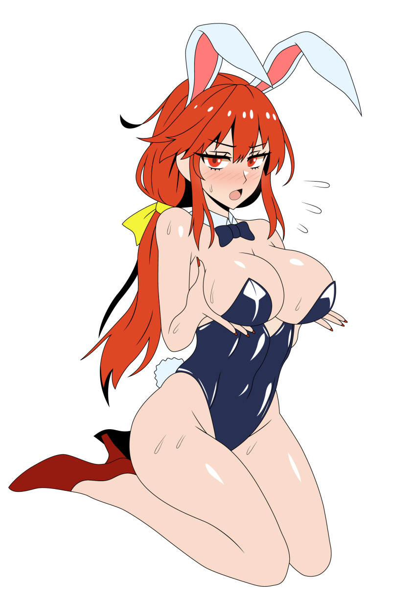 1girl, :o, absurdres, animal_ears, bare_legs, blue_bow, blue_bowtie, blue_leotard, blush, bow, bowtie, breasts, cleavage, collarbone, commentary_request, covered_navel, detached_collar, embarrassed, fake_animal_ears, fake_tail, grabbing_own_breast, hair_ribbon, high_heels, highleg, highleg_leotard, highres, kotohime_(touhou), large_breasts, leotard, long_hair, open_mouth, ponytail, rabbit_ears, rabbit_tail, red_hair, red_nails, red_shoes, ribbon, seiza, shoes, sidelocks, simple_background, sitting, solo, ssaf_seibeupail, sweat, tail, touhou, touhou_(pc-98), very_long_hair, yellow_ribbon
