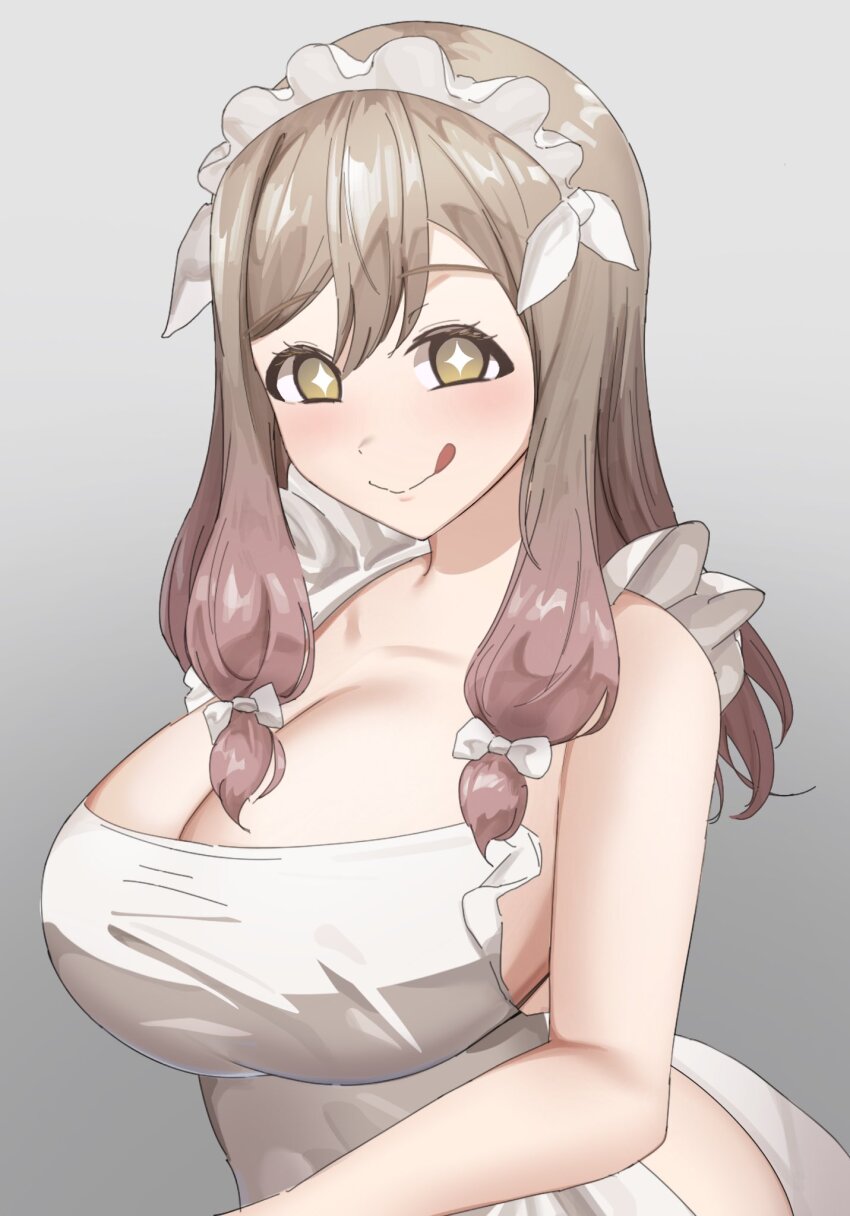 1girl, :p, apron, blush, bow, breasts, brown_hair, cleavage