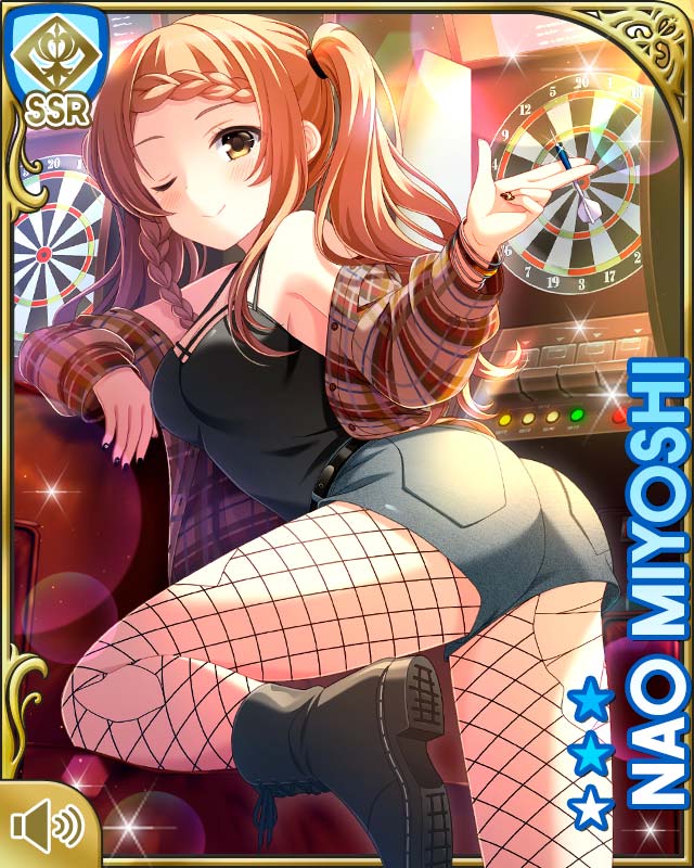 1girl, ass, black_shirt, boots, braid, breasts, brown_eyes, brown_hair, brown_jacket, card_medium), chair, character_name, closed_mouth, dart, dartboard, denim, denim_shorts, fishnet_pantyhose, fishnets, girlfriend_(kari), hotpants, indoors, jacket, kneeling, long_hair, miyoshi_nao, nail_polish, night, official_art, one_eye_closed, pantyhose, plaid_clothes, plaid_jacket, qp:flapper, shirt, shorts, smile, solo, tagme
