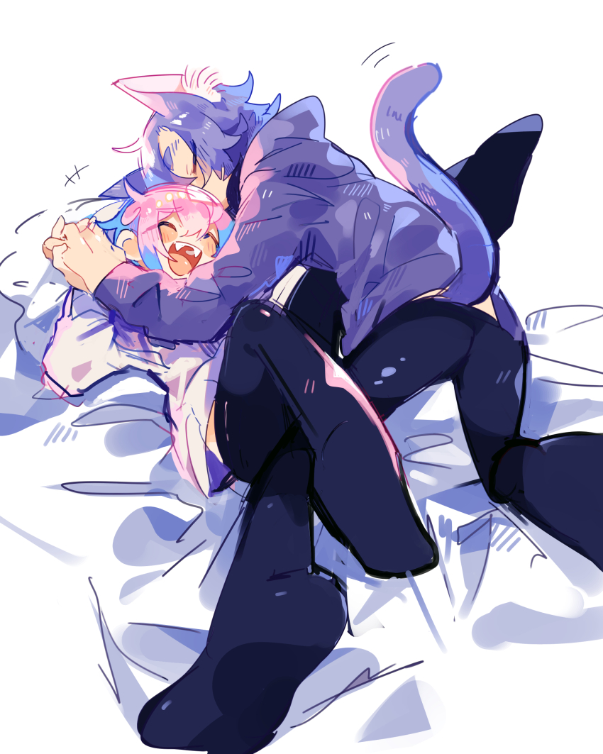 2boys, absurdres, animal_ears, bed, bed_sheet, between_legs, black_pantyhose, blush