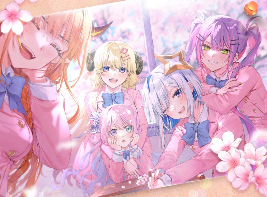 5girls, alternate_costume, amane_kanata, animal_ears, arms_around_neck, barbell_piercing, blazer, blonde_hair