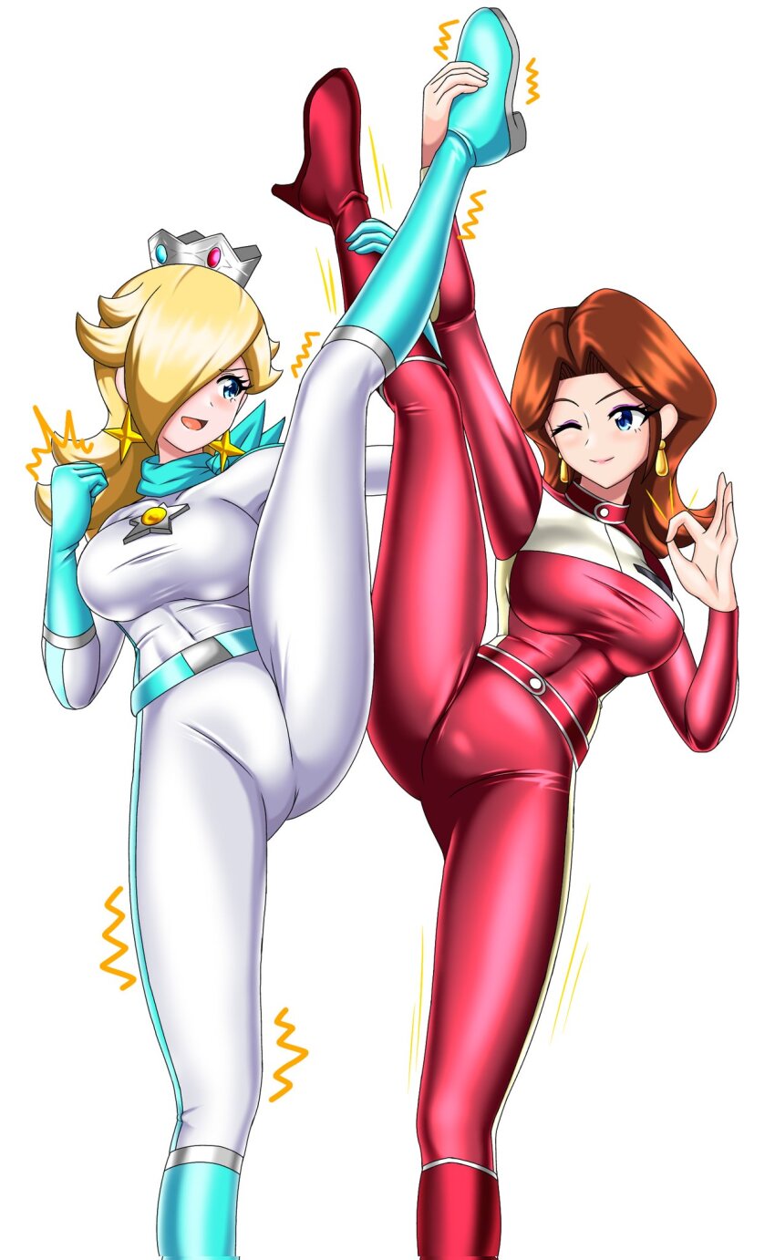 2girls, artistic_error, biker_pauline, biker_rosalina, blonde_hair, blue_eyes, bodysuit, brown_hair, crown, donkey_kong_(series), earrings, highres, irohazakayouth, jewelry, mario_(series), mario_kart, mario_kart_8, mario_kart_8_deluxe, multiple_girls, nintendo, pauline_(aero)_(nintendo), pauline_(nintendo), racing_suit, red_bodysuit, rosalina, shaking, split, standing, standing_on_one_leg, standing_split, star_(symbol), star_earrings, teardrop_earring