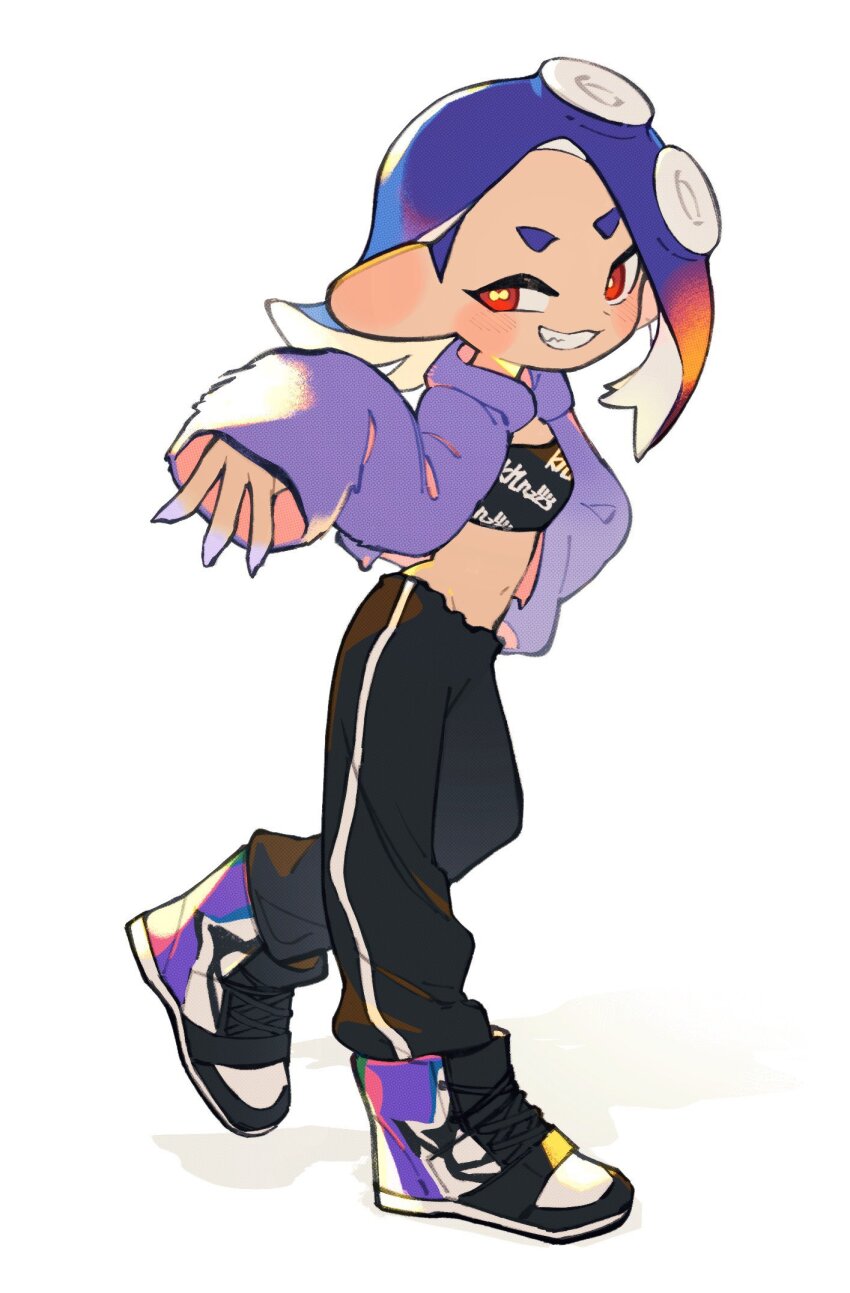 1girl, black_pants, black_tube_top, blonde_hair, blue_hair, blue_jacket, blush_stickers, breasts