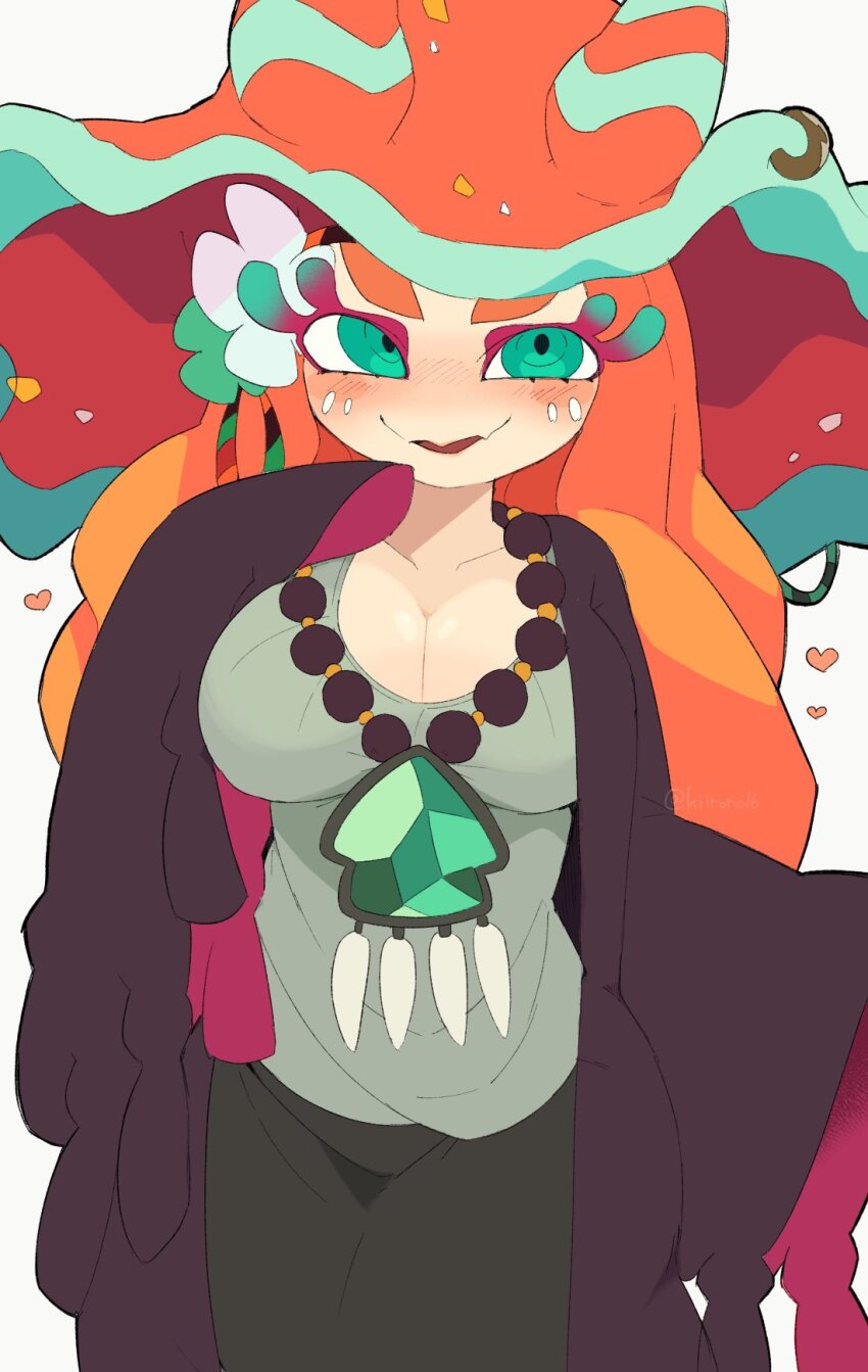 1girl, aqua_eyes, bead_necklace, beads, black_skirt, blush, blush_stickers, breasts, cardigan, cleavage, collarbone, colored_eyelashes, commentary_request, cowboy_shot, fangs, flow_(splatoon), flower, gem, green_flower, green_gem, grey_shirt, hand_up, hat, hat_ring, hat_with_ears, headband, heart, highres, jewelry, kiirono, large_breasts, large_hat, long_hair, long_sleeves, necklace, nintendo, no_nose, open_cardigan, open_clothes, open_mouth, orange_hair, orange_hat, oversized_clothes, purple_cardigan, ringed_eyes, sea_slug_girl, shirt, skin_fangs, skirt, sleeves_past_fingers, sleeves_past_wrists, solo, splatoon_(series), splatoon_2, striped_clothes, striped_headwear, tassel, tentacle_hair, thick_eyebrows, thick_eyelashes, twitter_username, white_background, white_flower, wide_sleeves