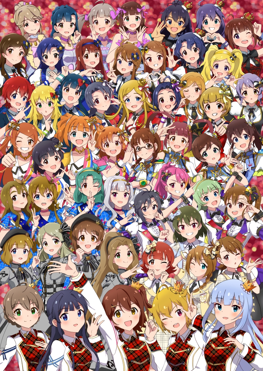 6+girls, absurdres, ahoge, akizuki_ritsuko, amami_haruka, baba_konomi, beret, black_bow