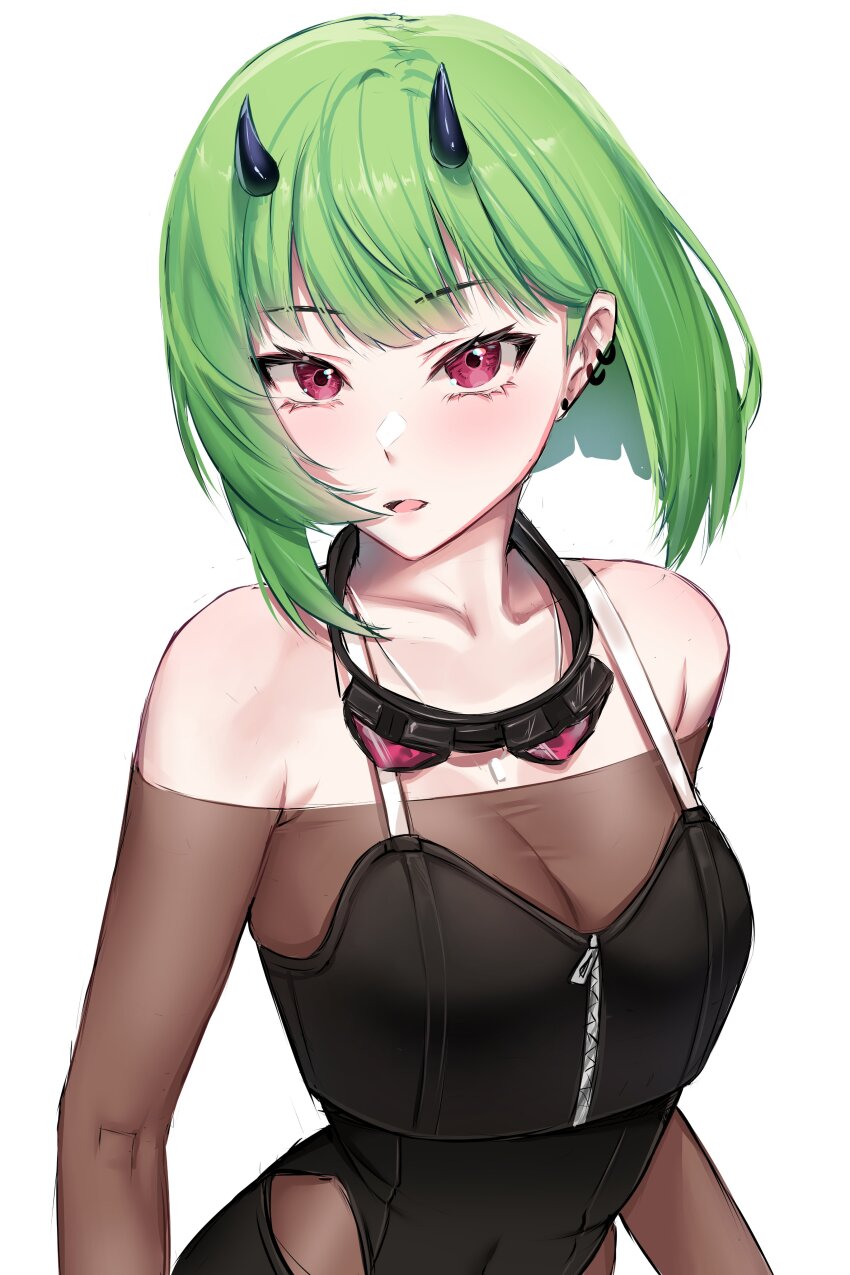 1girl, absurdres, baebub, bare_shoulders, black_dress, breasts, cleavage, commentary