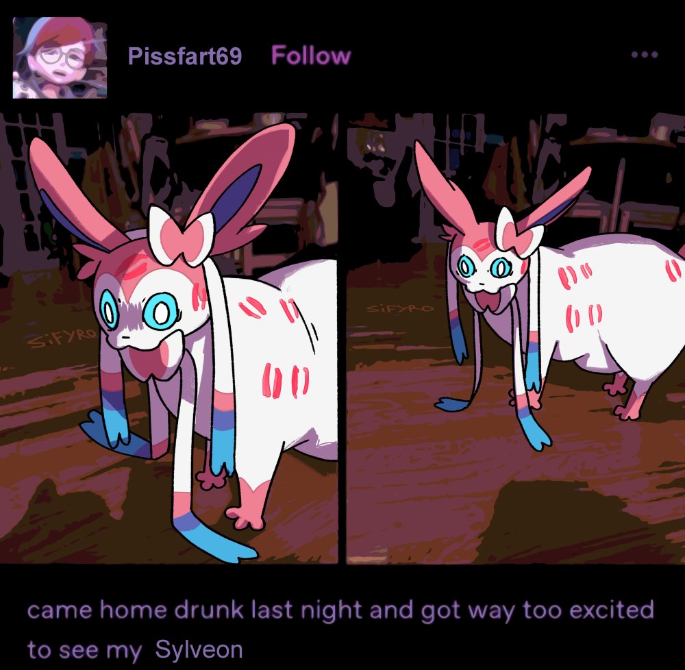 1girl, 1other, animal_ears, artist_name, english_text, expressionless, fake_screenshot, fat, gen_6_pokemon, lipstick_mark, nintendo, obese, penny_(pokemon), pokemon, pokemon_(creature), pokemon_scarlet_and_violet, ribbon, shaded_face, sifyro, signature, sylveon, traumatized