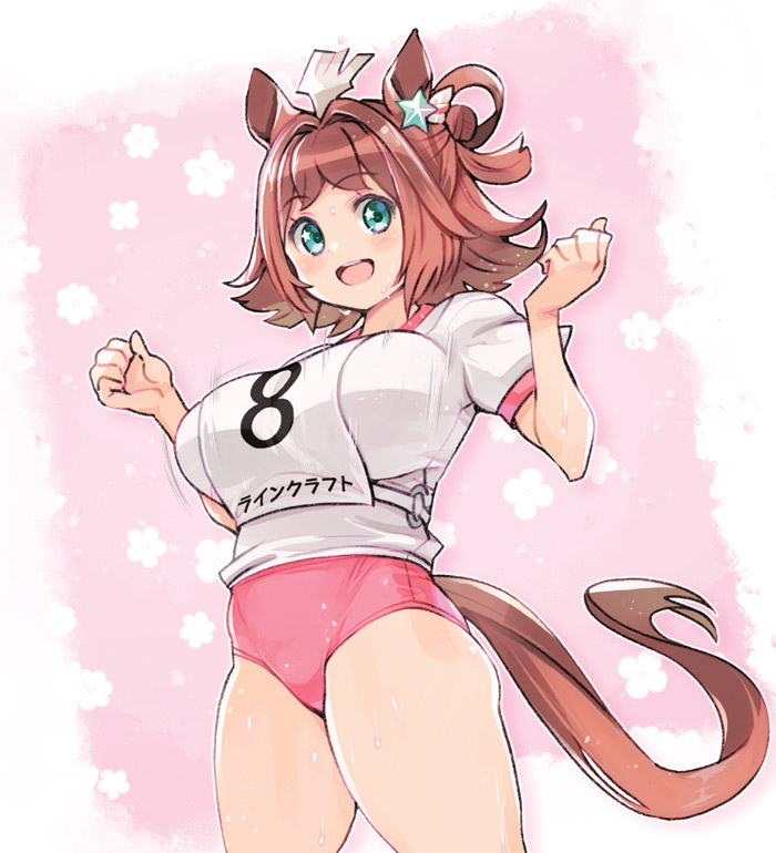1girl, :d, ahoge, animal_ears, bouncing_breasts, breasts, brown_hair, buruma