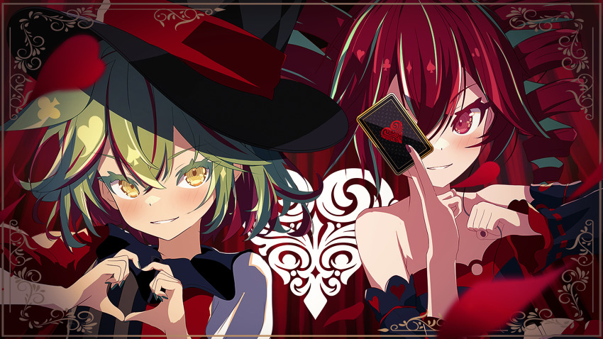 2girls, black_hat, black_nails, black_sleeves, card, club_(shape), commentary_request, crossed_bangs