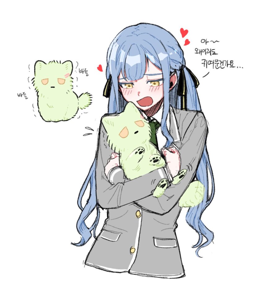 1girl, animal, animal_hug, animalization, ast.rockett, bang_dream!, black_ribbon, blue_hair