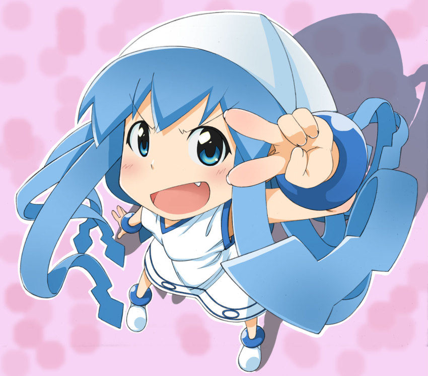 1girl, bad_id, bad_pixiv_id, blue_hair, dress, fang, female_focus, from_above