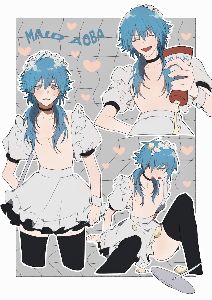 1boy, alternate_costume, apron, black_choker, black_skirt, black_thighhighs, blue_hair, blush, border, character_name, choker, crossdressing, crossdressing_(mtf), dramatical_murder, enmaided, frilled_apron, frilled_skirt, frills, gloves, hair_between_eyes, convenient_hair, hand_on_own_hip, heart, highres, ikaremanju, knee_up, long_hair, maid, maid_headdress, male_maid, multiple_views, outline, outside_border, puffy_short_sleeves, puffy_sleeves, seragaki_aoba, short_sleeves, skirt, squeezing, thighhighs, topless_male, trap, tray, white_border, white_gloves, white_outline, yellow_eyes
