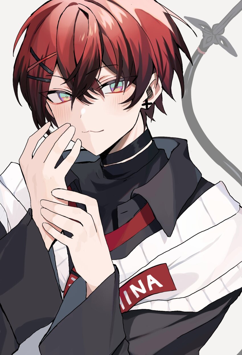 04090x, 1boy, :3, black_choker, black_hair, blush, choker, collared_shirt