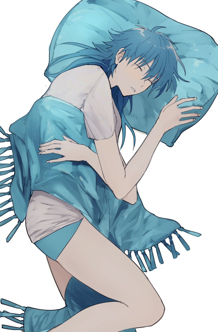 1boy, blue_hair, blue_scarf, briefs, closed_eyes, dramatical_murder, hair_between_eyes, highres, ikaremanju, long_hair, lying, male_focus, male_underwear, on_side, pale_skin, parted_lips, pillow, scarf, seragaki_aoba, shirt, sleeping, solo, t-shirt, underwear, white_background, white_shirt