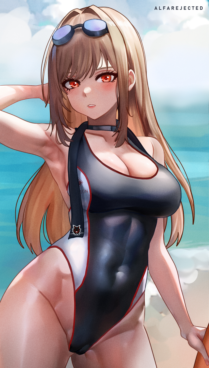 1girl, absurdres, alfarejected, arm_behind_head, armpits, artist_name, beach, black_one-piece_swimsuit
