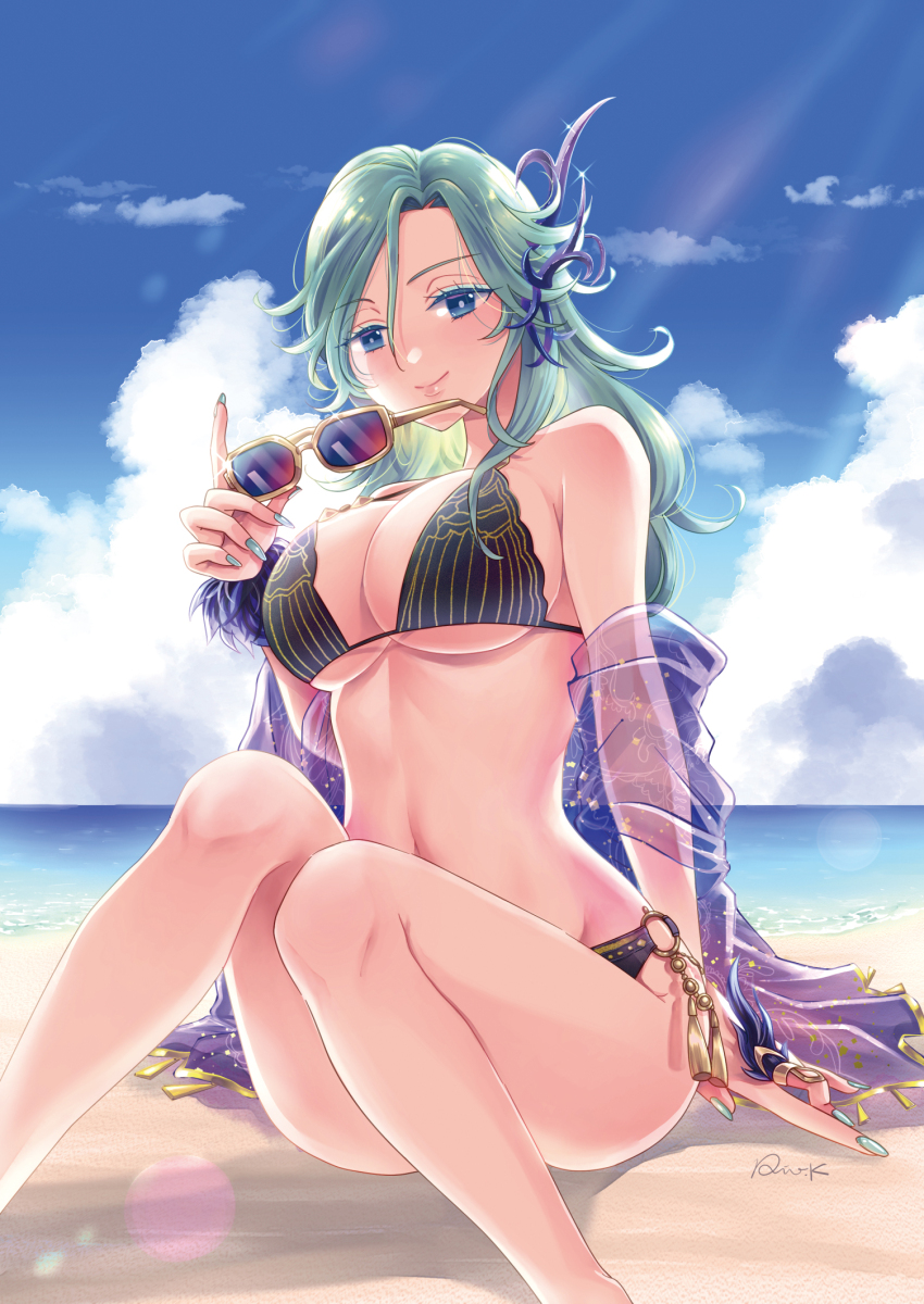 1girl, aqua_eyeshadow, aqua_hair, aqua_nails, arm_support, beach, bikini, black_bikini, blue-tinted_eyewear, blue_eyes, blue_shawl, blue_sky, breasts, bright_pupils, cleavage, closed_mouth, cloud, cloudy_sky, colored_eyelashes, commentary_request, day, eyeshadow, feet_out_of_frame, fingernails, flipped_hair, glint, gold_trim, hair_between_eyes, hair_ornament, highres, holding, holding_removed_eyewear, horizon, index_finger_raised, jewelry, kageshitario, knees_up, large_breasts, lens_flare, light_rays, long_fingernails, long_hair, looking_at_viewer, makeup, nail_polish, navel, o-ring, o-ring_bikini, o-ring_bottom, ocean, on_ground, outdoors, parted_bangs, print_shawl, red-tinted_eyewear, ring, romancing_saga_3, saga, see-through_clothes, see-through_shawl, shadow, shawl, sideboob, signature, single_sidelock, sitting, sky, smile, solo, sunbeam, sunglasses, sunlight, swept_bangs, swimsuit, tassel, thighs, tinted_eyewear, underboob, undine_(romancing_saga), unworn_eyewear, water, wavy_hair, wide_hips, yellow-framed_eyewear