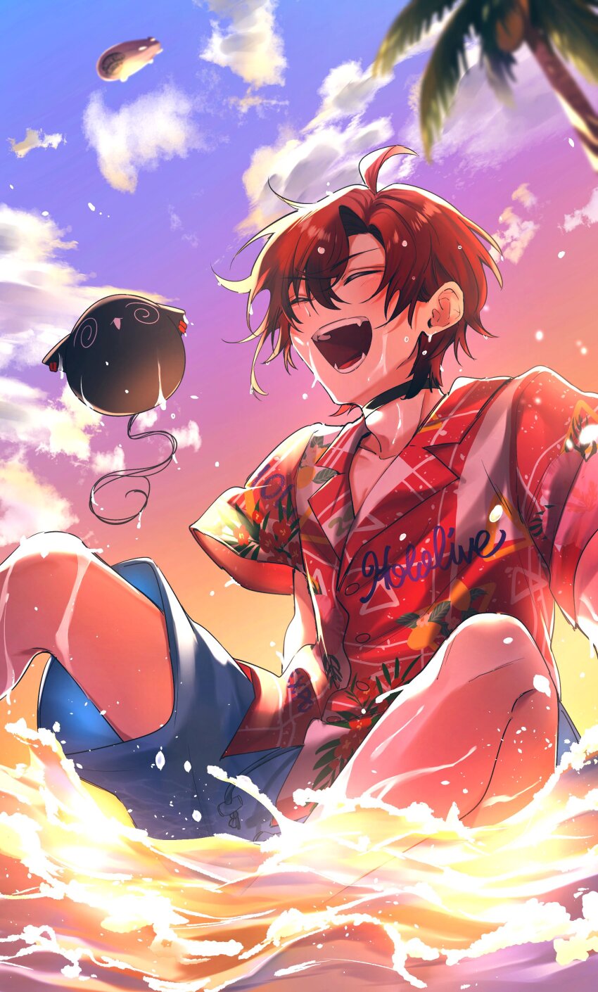 1boy, absurdres, black_choker, blue_shorts, choker, cloud, creature, gradient_sky