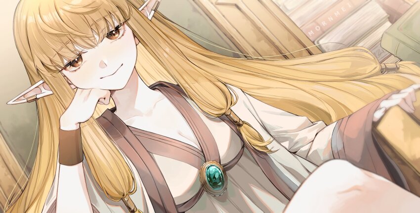 1girl, arm_rest, arm_support, artist_name, blonde_hair, book, book_stack, breasts, brooch, cleavage, commentary, dutch_angle, ear_bar, elf, english_commentary, gem, green_gem, hair_tubes, hand_on_own_cheek, hand_on_own_face, hand_up, head_rest, highres, jewelry, jitome, long_hair, long_sleeves, looking_at_viewer, low-tied_sidelocks, mai_(mornmeii), medium_breasts, on_throne, pointy_ears, robe, serie_(sousou_no_frieren), sidelocks, sitting, smile, solo, sousou_no_frieren, throne, upper_body, very_long_hair, white_robe, wide_sleeves
