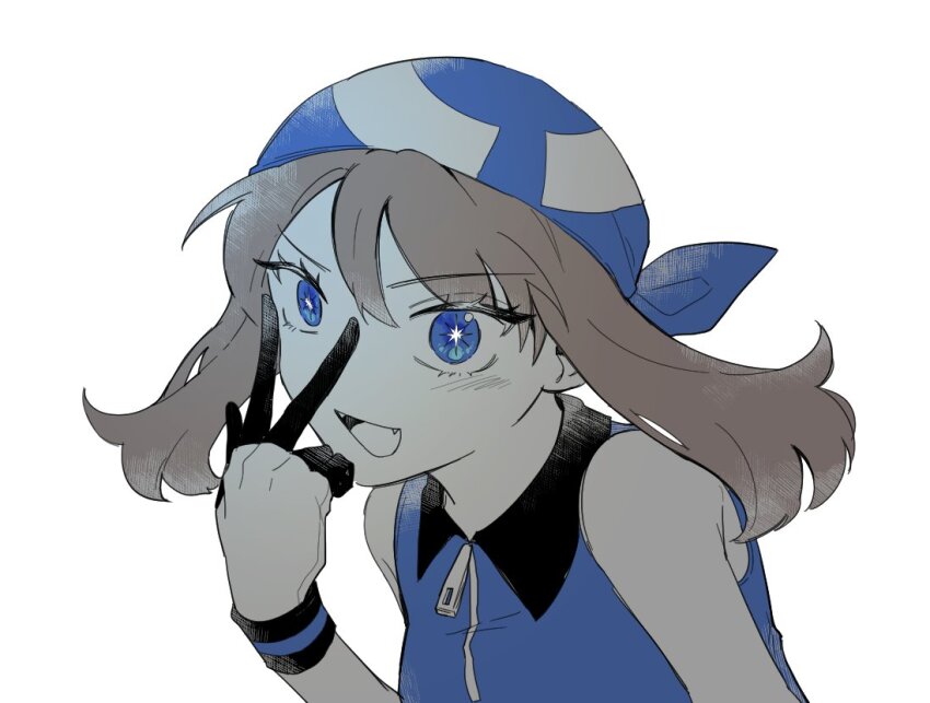 1girl, :d, bandana, bare_shoulders, black_gloves, blue_bandana, blue_dress, brown_hair