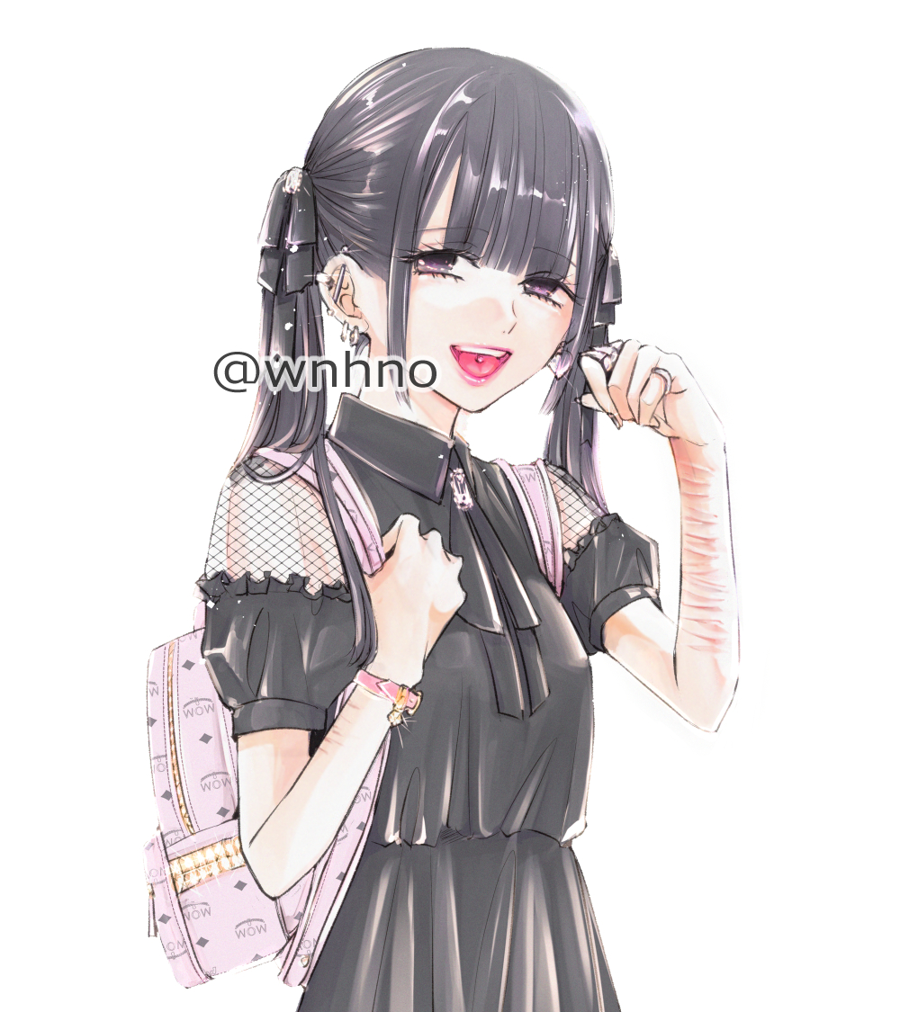 1girl, ashita_watashi_wa_dareka_no_kanojo, backpack, bag, black_dress, black_hair, black_nails, black_ribbon