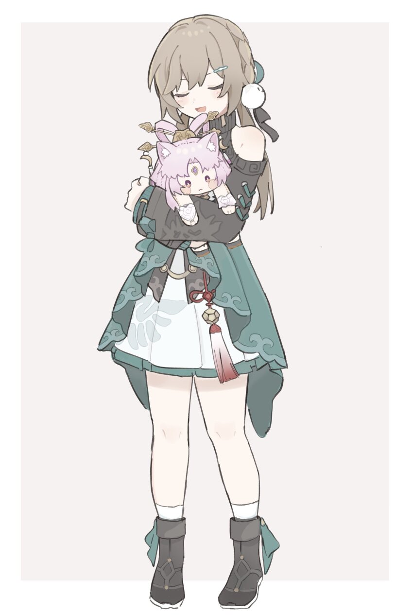 1girl, :d, absurdres, bare_legs, bare_shoulders, black_boots, black_sweater, blue_ribbon, blue_skirt, boots, border, brown_background, brown_hair, character_doll, chibi, closed_eyes, doll, facing_viewer, fu_xuan_(honkai:_star_rail), hair_ornament, hair_ribbon, hamu_(hamusand), highres, honkai:_star_rail, honkai_(series), hugging_doll, hugging_object, layered_skirt, legs_apart, long_sleeves, low_twintails, off-shoulder_sweater, off_shoulder, open_mouth, outside_border, pleated_skirt, pom_pom_(clothes), pom_pom_hair_ornament, qingque_(honkai:_star_rail), ribbon, sidelocks, simple_background, skirt, smile, socks, solo, sweater, turtleneck, turtleneck_sweater, twintails, white_border, white_skirt, white_socks