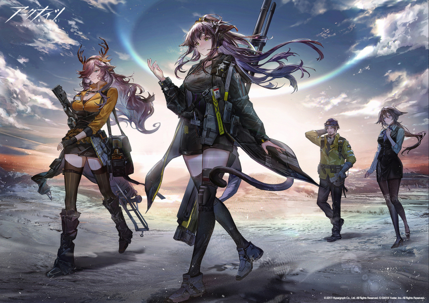 1boy, 3girls, animal_ears, antlers, arknights, black_coat, black_hair, brown_hair