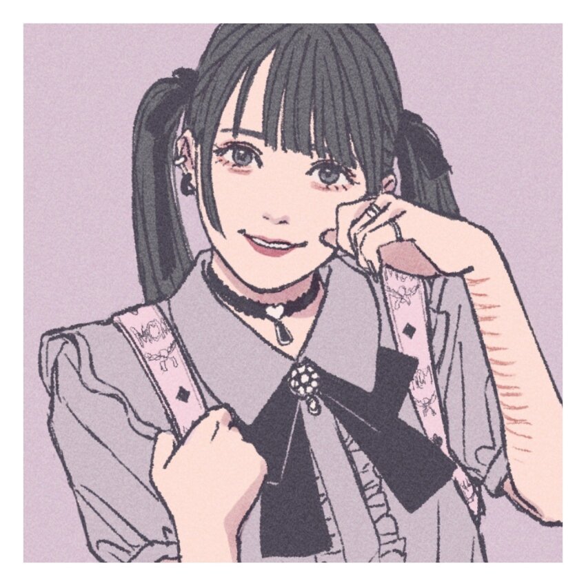 1girl, aegyo_sal, ashita_watashi_wa_dareka_no_kanojo, backpack, bag, black_choker, black_hair, black_nails