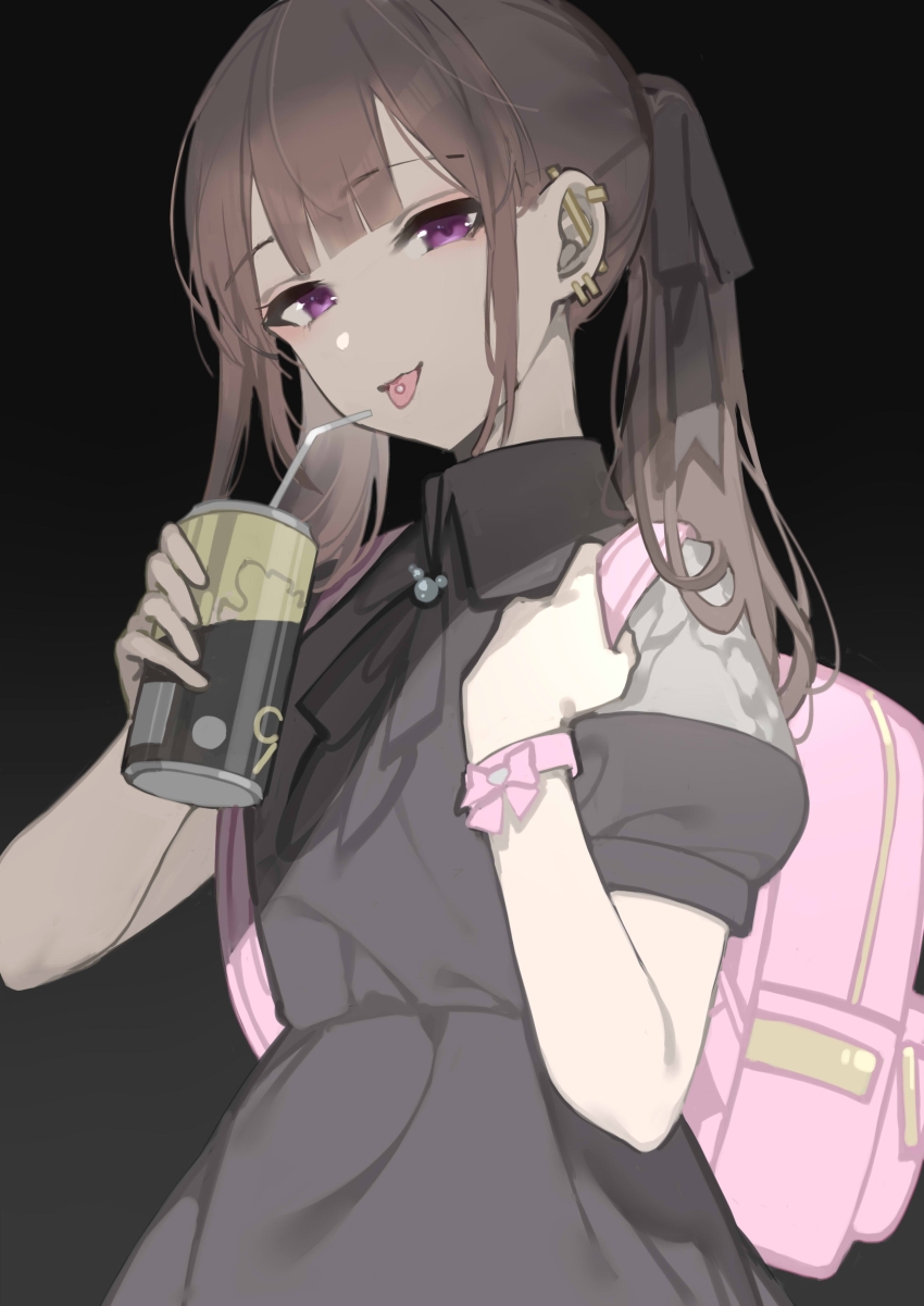 1girl, absurdres, ashita_watashi_wa_dareka_no_kanojo, backpack, bag, bendy_straw, black_dress, black_ribbon