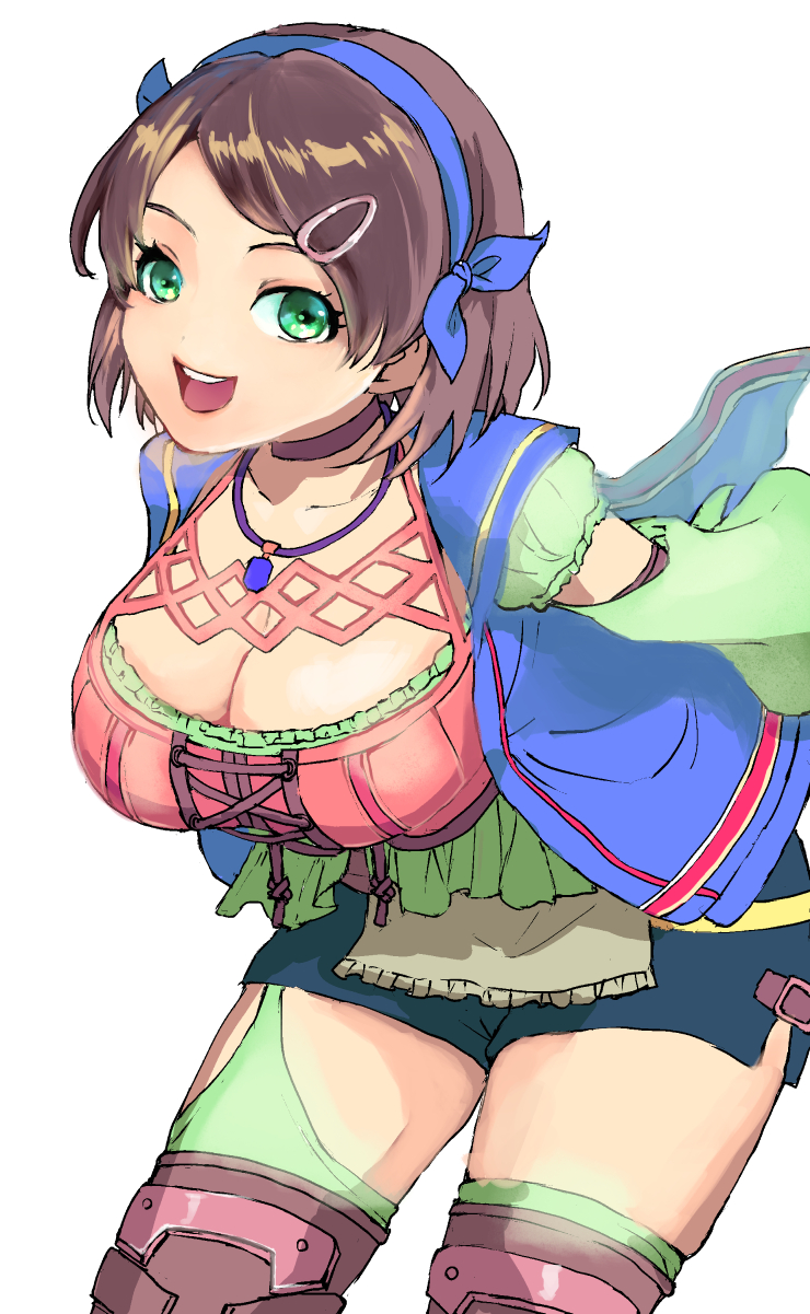1girl, blue_vest, breasts, brown_hair, choker, cleavage, cross-laced_clothes, green_eyes