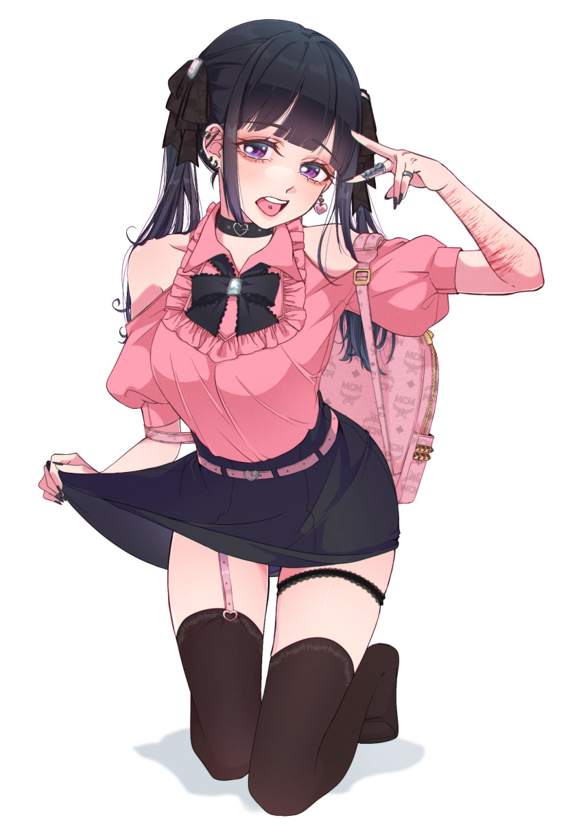 1girl, aegyo_sal, ashita_watashi_wa_dareka_no_kanojo, backpack, bag, bare_shoulders, belt, black_choker, black_hair, black_nails, black_ribbon, black_skirt, black_thighhighs, blunt_bangs, breasts, choker, claw_ring, clothes_lift, clothing_cutout, commentary_request, ear_piercing, earrings, frilled_shirt, frilled_thigh_strap, frills, full_body, garter_straps, hair_ribbon, hand_up, heart, heart_earrings, highres, jewelry, jirai_kei, kneeling, long_hair, looking_at_viewer, medium_breasts, miniskirt, nail_polish, no_shoes, open_mouth, piercing, pink_bag, pink_belt, pink_shirt, puffy_short_sleeves, puffy_sleeves, purple_eyes, ribbon, scar, self-harm, self-harm_scar, semi852, shirt, short_sleeves, shoulder_cutout, simple_background, skirt, skirt_lift, solo, strap_slip, takahashi_yua, thigh_strap, thighhighs, tongue_piercing, twintails, v, white_background
