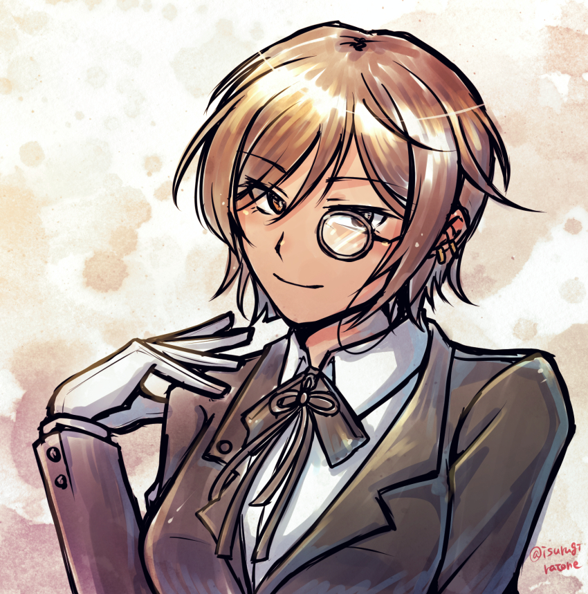 black_bow, black_bowtie, black_jacket, bow, bowtie, brown_eyes, brown_hair, closed_mouth