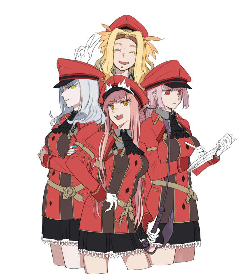 4girls, alternate_costume, ascot, black_ascot, black_skirt, blonde_hair, carmilla_(fate), closed_eyes, coat, cropped_legs, crossed_arms, fake_nails, fate/grand_order, fate_(series), florence_nightingale_(fate), gloves, hat, highres, long_hair, long_sleeves, medb_(fate), medium_hair, multiple_girls, parted_bangs, peaked_cap, pink_hair, quetzalcoatl_(fate), red_coat, red_eyes, red_hat, riding_crop, shironojiro, skirt, teeth, upper_teeth_only, v, white_gloves, white_hair, writing, yellow_eyes