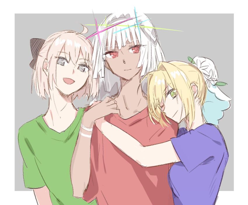 3girls, altera_(fate), black_bow, blonde_hair, blue_shirt, border, bow, bun_cover