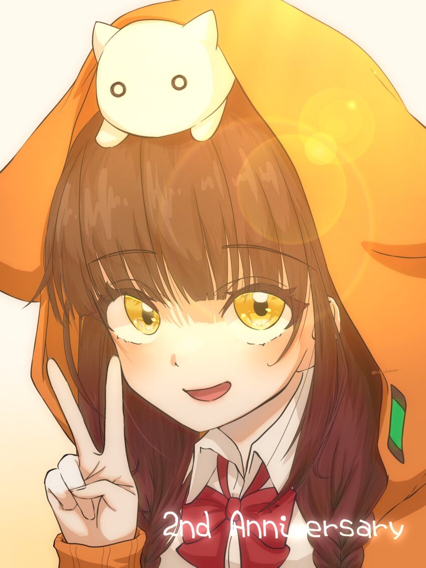 animal, animal_on_head, asakura_karen_(heaven_burns_red), black_hair, bow, heaven_burns_red, highres, holmes_hvbn, hood, hood_up, hooded_jacket, jacket, long_hair, long_sleeves, looking_at_viewer, on_head, open_mouth, red_bow, twintails, v, yellow_eyes