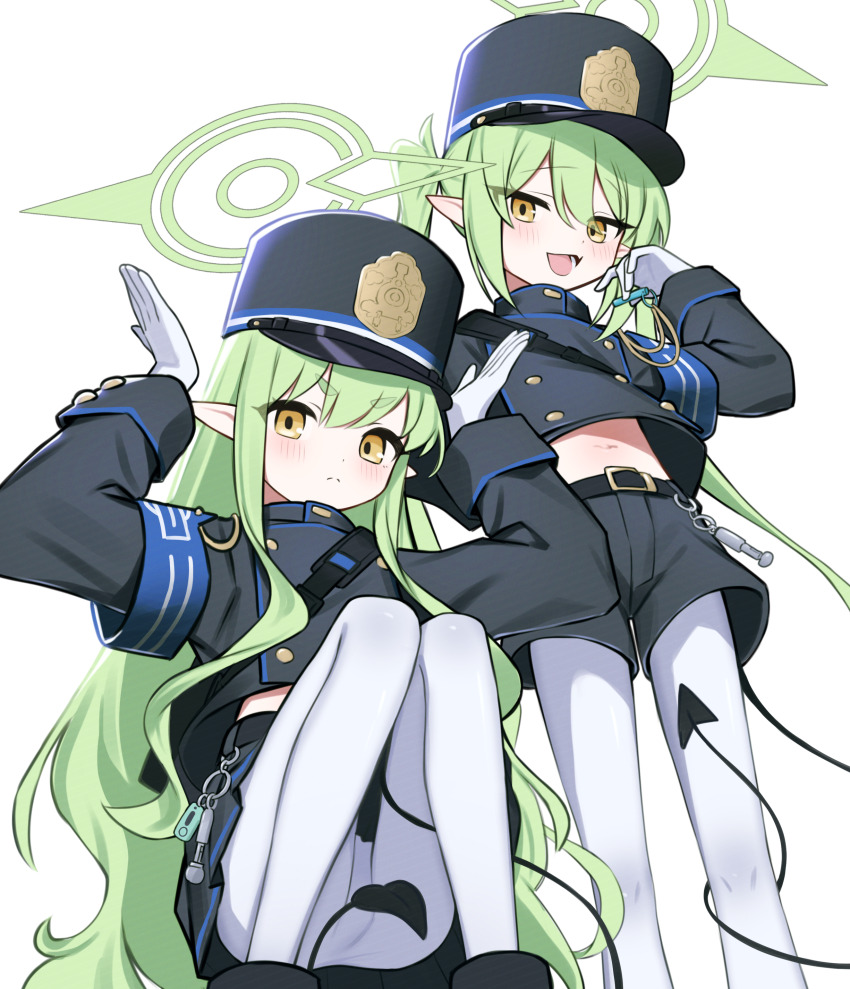 2girls, absurdres, aruruaaaa, black_hat, black_shirt, black_shorts, black_skirt, black_tail