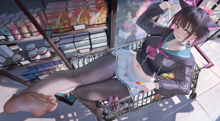 1girl, absurdres, animal_ears, black_choker, black_hair, black_pantyhose, blue_archive, blush