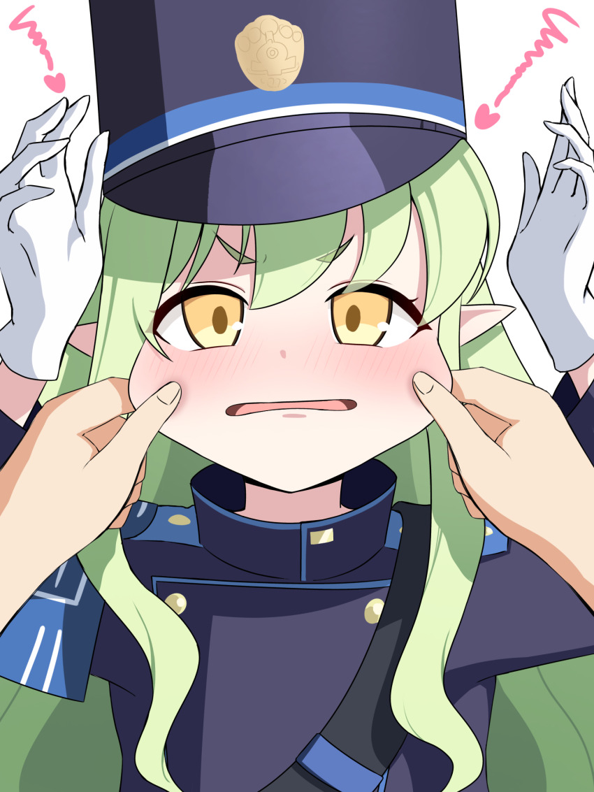 1girl, armband, black_hat, black_shirt, blue_archive, blue_armband, blush, cheek_pinching, gloves, green_hair, hat, hikari_(blue_archive), highres, long_hair, long_sleeves, looking_at_viewer, open_mouth, peaked_cap, pinching, pointy_ears, pov, sanuki_ach, shirt, simple_background, upper_body, white_background, white_gloves, yellow_eyes