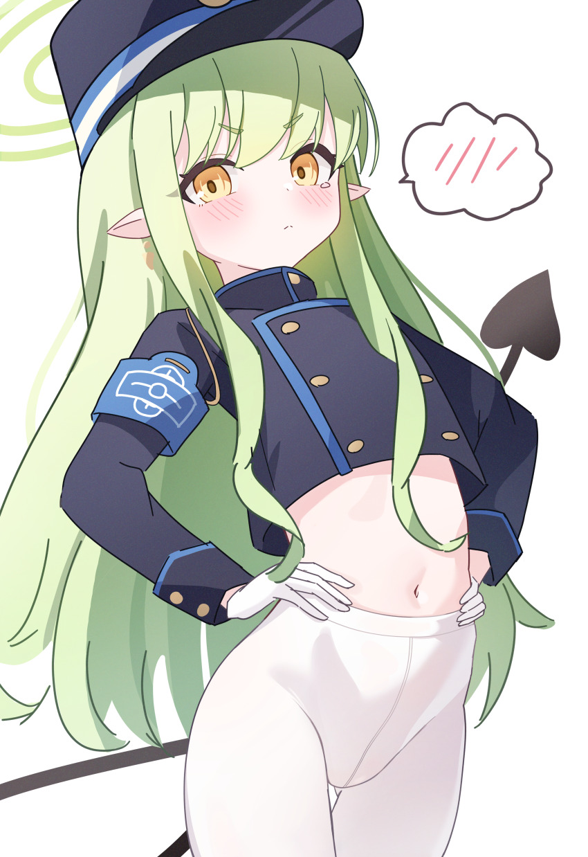 1girl, absurdres, black_hat, black_shirt, black_tail, blue_archive, blush, closed_mouth, cowboy_shot, demon_tail, earrings, gloves, green_hair, green_halo, halo, hat, hikari_(blue_archive), highres, jewelry, long_hair, long_sleeves, looking_at_viewer, navel, nonddu, pantyhose, peaked_cap, shirt, sidelocks, simple_background, single_earring, solo, spoken_blush, tail, tears, white_background, white_gloves, white_pantyhose, yellow_eyes